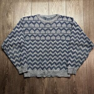 Vintage Geometric Knit Sweater Blue Colourful Medium 1980 Cottage
